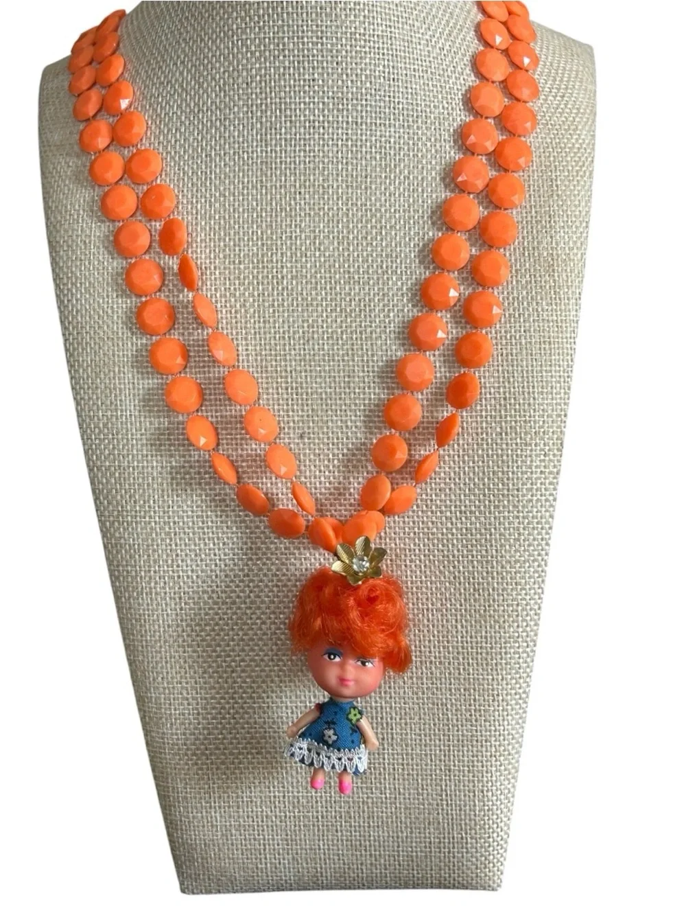 Vintage Deadstock Kiddle Clone Red Hair Doll Assemblage Necklace.  One of a Kind